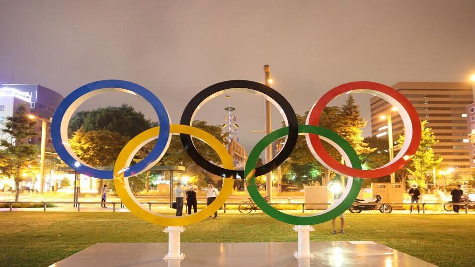 The Olympic symbol lit up in Tokyo